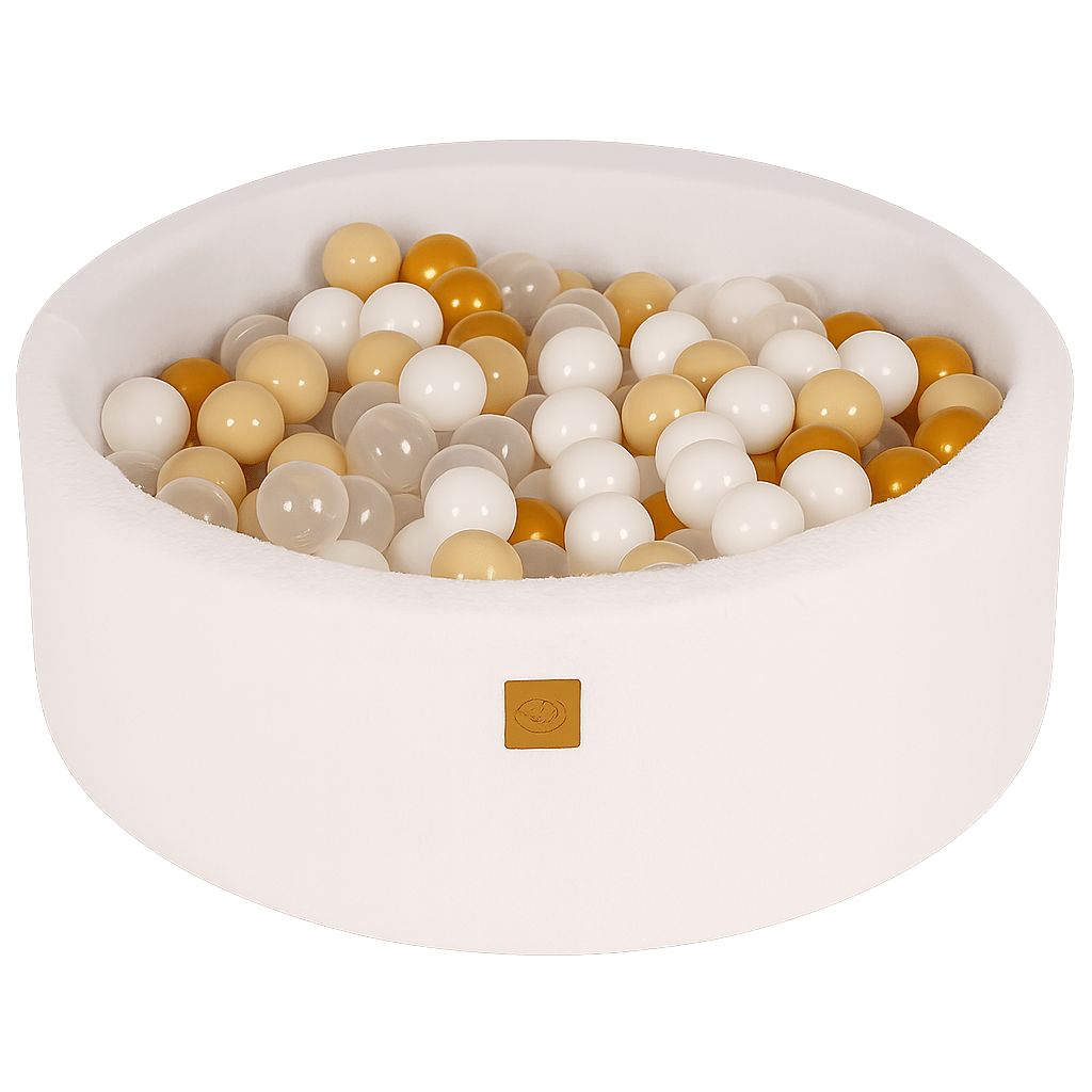 Luna boldbassin – Hvid bouclé, guld, beige & gennemsigtig bolde - Eventyrtid